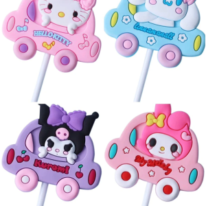 Set 4 tượng nhựa dẻo - mèo kuromi, melody, kitty và chó Cinnamoroll (ngồi xe).
