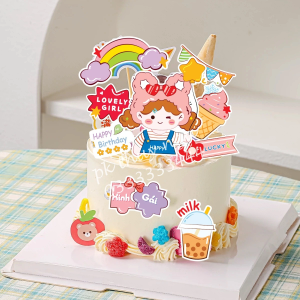Combo 2 set giấy - Bé Gái cầm chùm bóng + cốc sữa + lovely girl