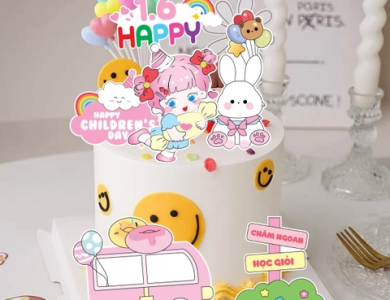Combo 2 set giấy- bé gái ôm kẹo, xe hồng và thỏ (happy chidren's day)