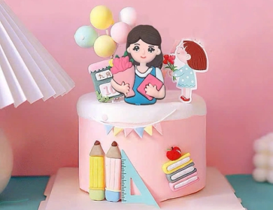 Tượng nhựa dẻo - cô gái (cô giáo) áo xanh ôm hoa