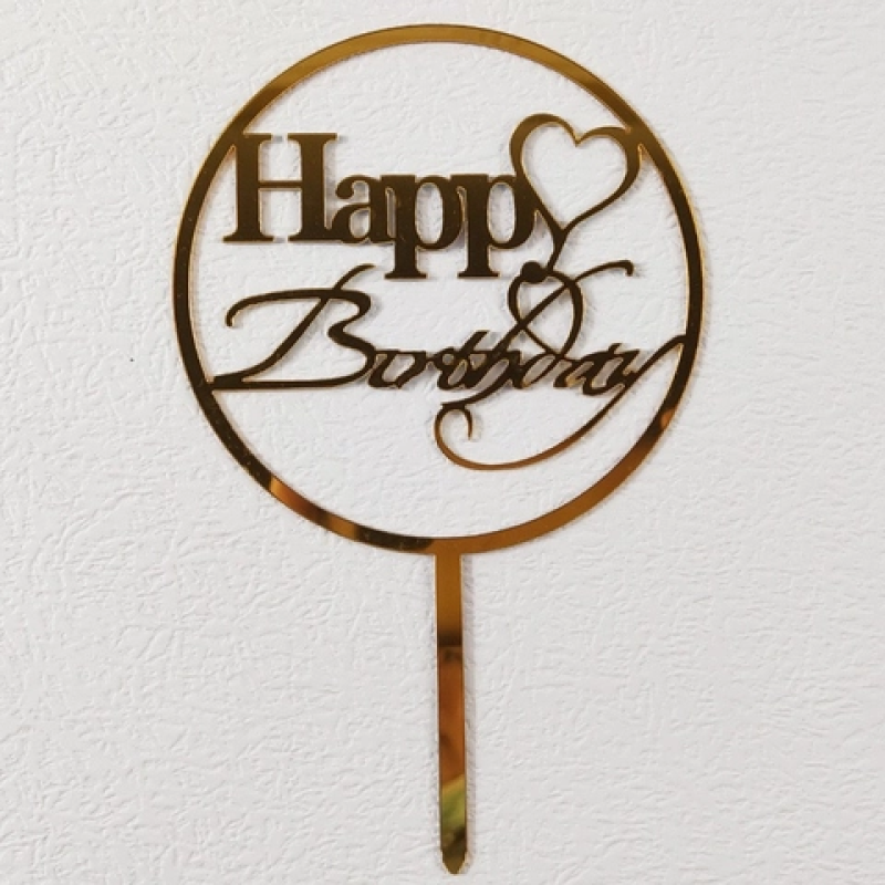 Set 10 mica HPBD trỏn (chữ Happy gắn trái tim)-VÀNG